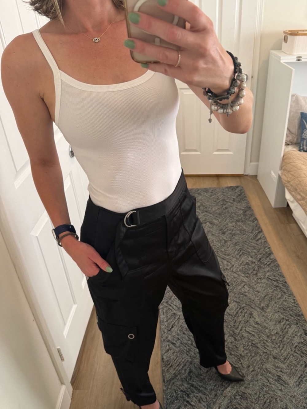 Jonathan Simkhai Black Satin Utility Cargo Pants Belted Ankle Zip Size 10